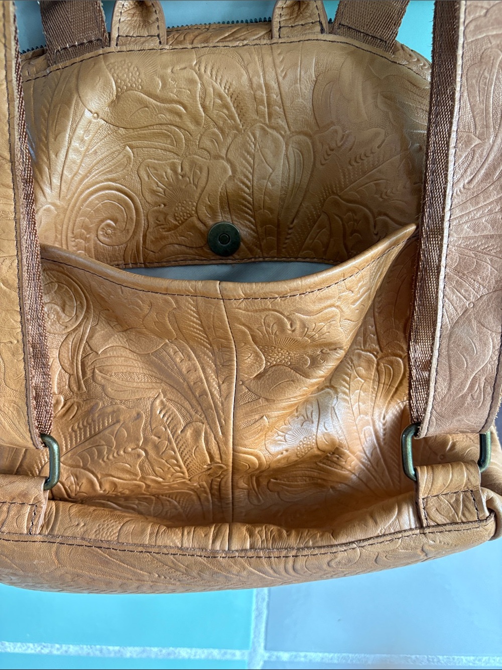 American Leather Tan Embossed Leather Backpack with Two Front Zip Pockets - Picture 6 of 15